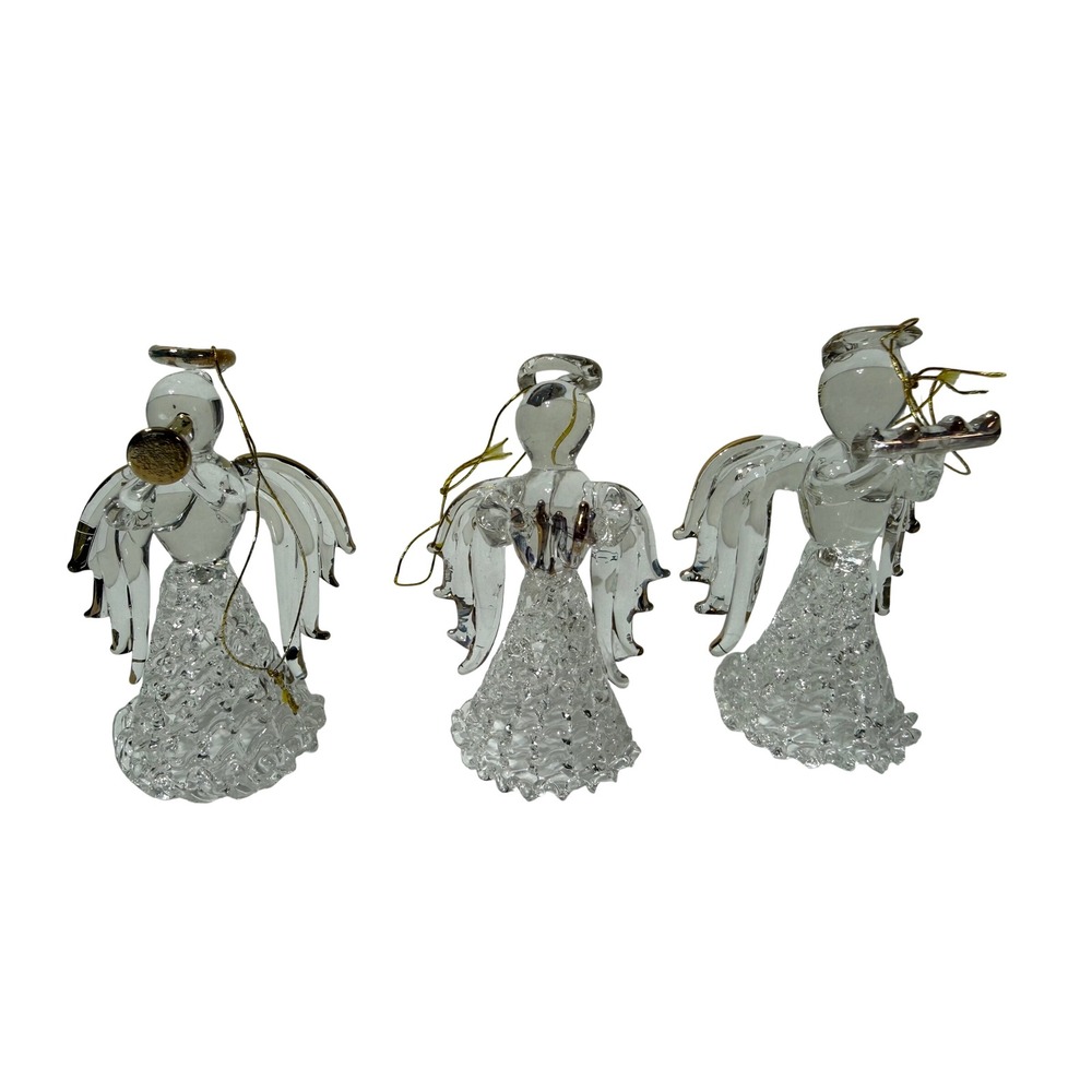 Set of 3 Glass Angel Christmas Ornaments Musical Instruments Gold Trim 2004148